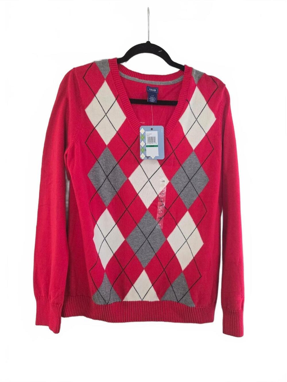 Izod Argyle Pattern Red V-Neck Sweater Large
